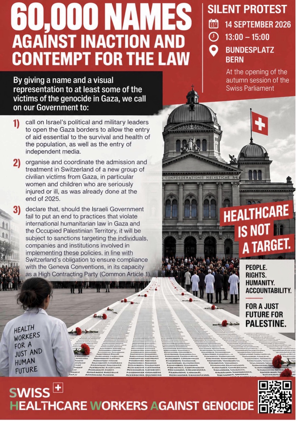Poster for the silent protest on Bundesplatz, Bern, 14 September 2026